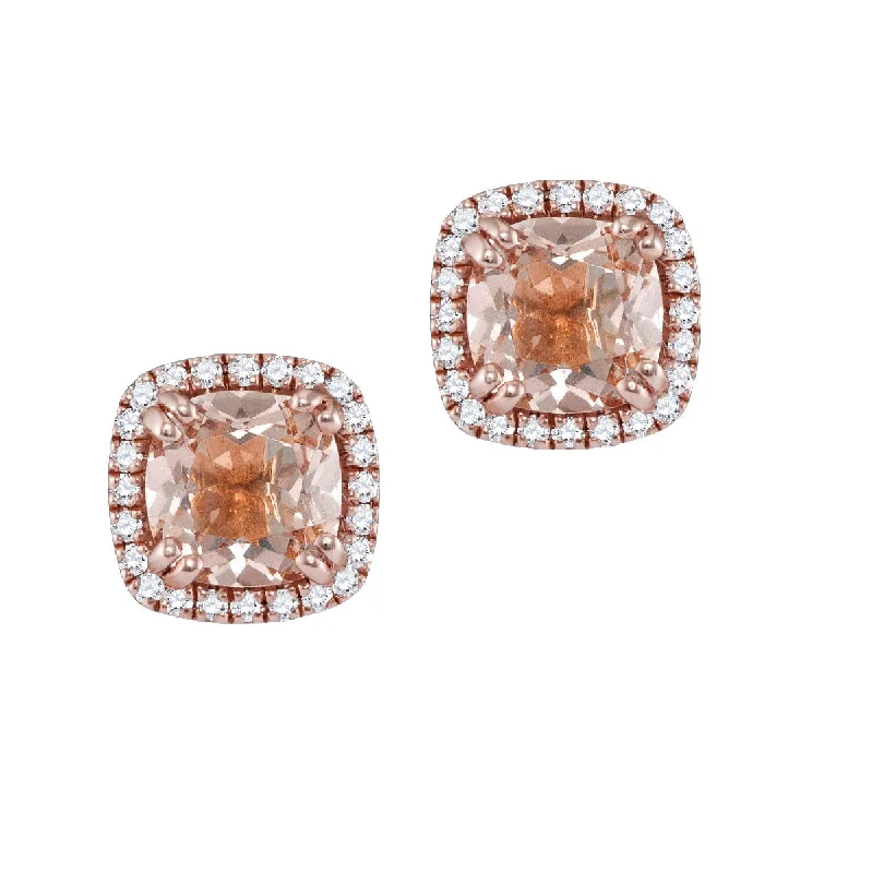 women dangle earrings -6MM Cushion Morganite and Diamond Halo Stud Earrings in 14KT Rose Gold