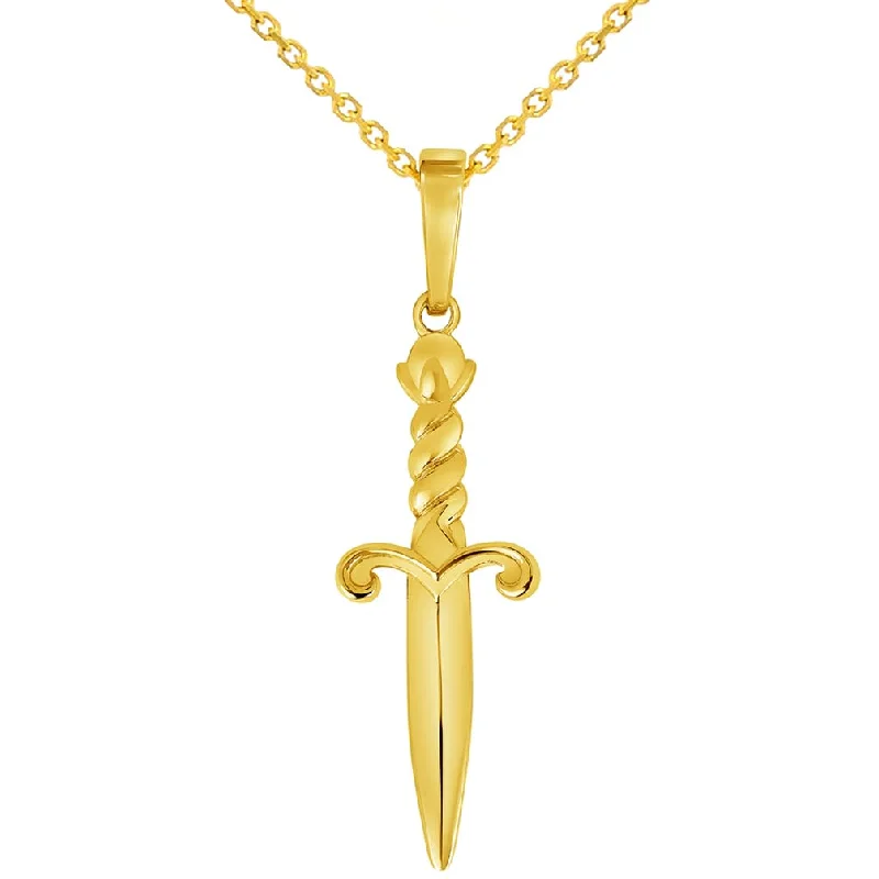 women birthstone necklaces -Solid 14k Yellow Gold 3D Dagger Knife Pendant with Rolo Cable, Cuban Curb, or Figaro Chain Necklace (1.25 Inch Height)