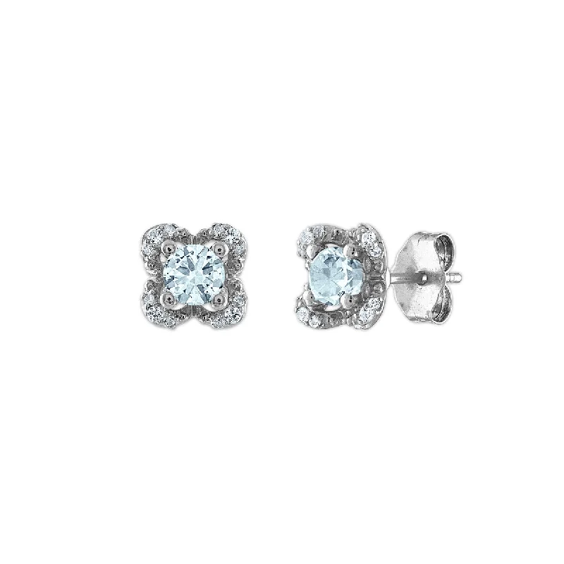 women trendy gold earrings -4MM Round Aquamarine and White Sapphire Birthstone Flower Halo Earrings in Sterling Silver