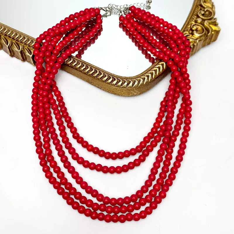 women high-quality necklaces -Five Strand Red Beaded Necklace