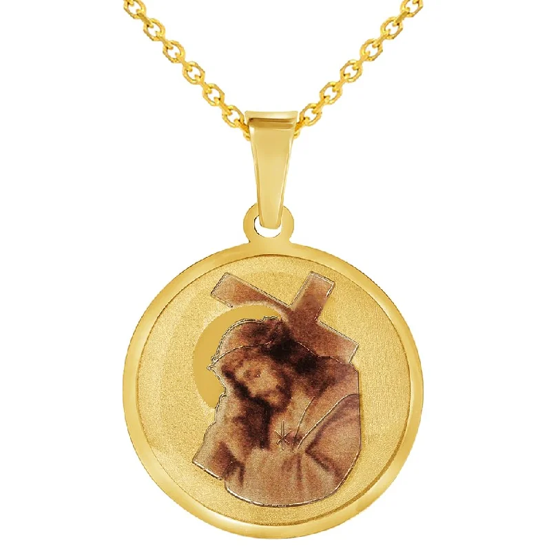 women luxury necklaces -14k Yellow Gold Jesus Christ Carrying the Cross Picture Pendant with Rolo Cable, Cuban Curb, or Figaro Chain Necklace