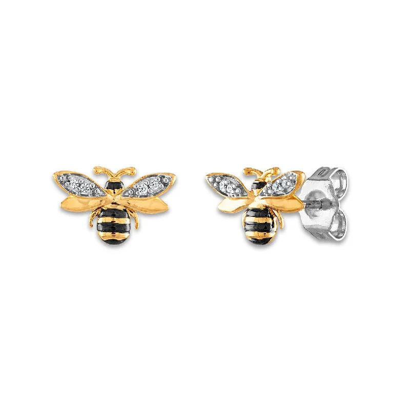 women trendy earrings -Diamond Accent Honey Bee Earrings in Gold Plated Sterling Silver