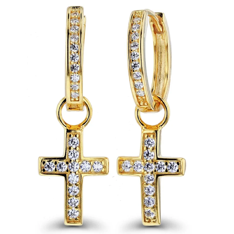 women unique earrings -Luxe Layers 14KT Yellow Gold Plated Sterling Silver Round Cubic Zirconia 9X30MM Cross Hoop Drop & Dangle Earrings