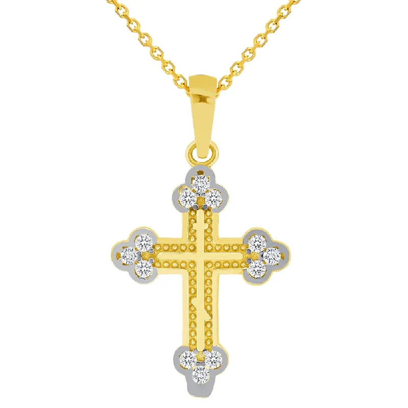 women crystal necklaces -Solid 14k Yellow Gold Small C-Z Eastern Orthodox Cross Charm Pendant with Rolo Cable, Cuban Curb, or Figaro Chain Necklace