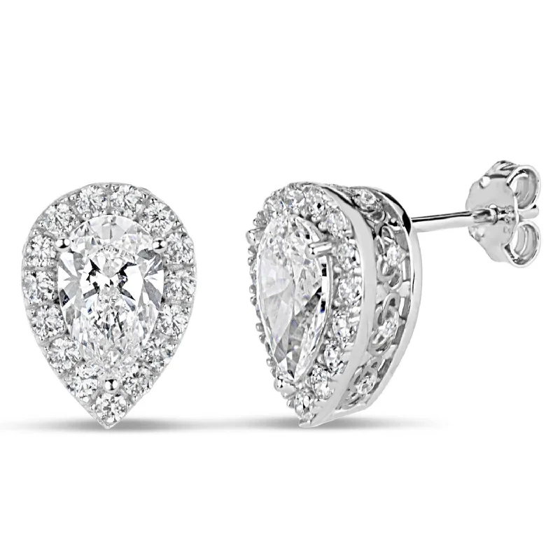 women anniversary earrings -Sterling Silver 8X5MM Pear Cubic Zirconia Halo Earrings