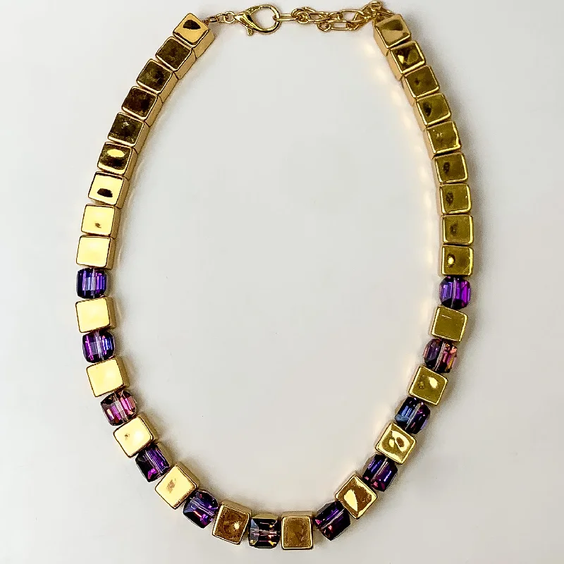 women statement necklaces -Fashionably Late Gold Tone Cubed Necklace in Purple