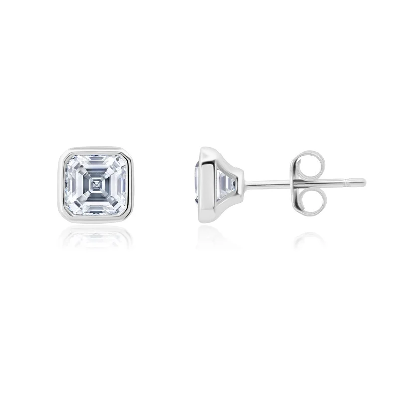 women heart-shaped earrings -Crislu Platinum Plated Sterling Silver Asscher Cubic Zirconia Solitaire Stud Earrings