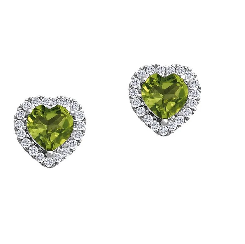 women chic earrings -5MM Heart Shape Peridot and White Sapphire Birthstone Halo Stud Earrings in 10KT White Gold