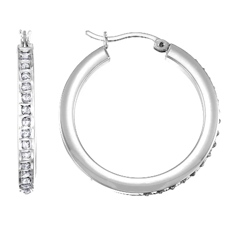 women fashion earrings -Diamond Fascination 14KT White Gold 15MM Diamond Accent Hoop Earrings