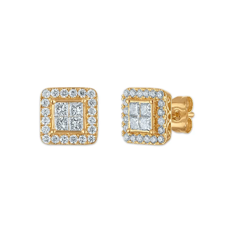 women cubic zirconia earrings -Red Hot Deal 1 CTW Princess Cut Lab Grown Diamond Halo Stud Earrings in 14KT Yellow Gold