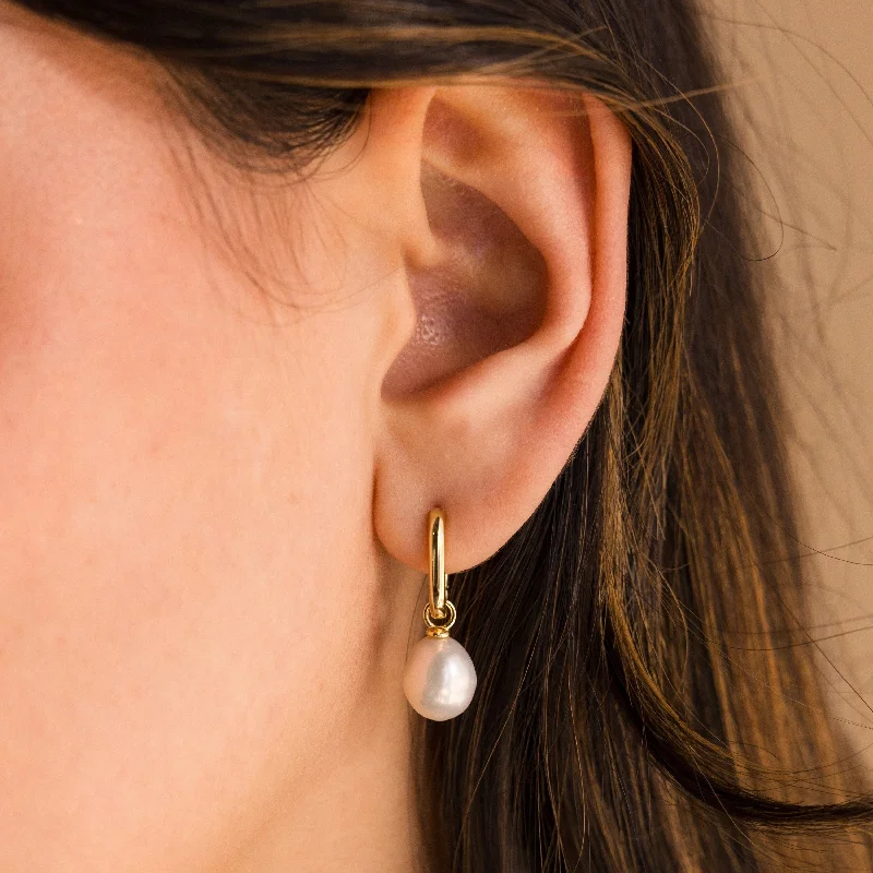 women gold earrings -Freshwater Pearl Drop Hoops