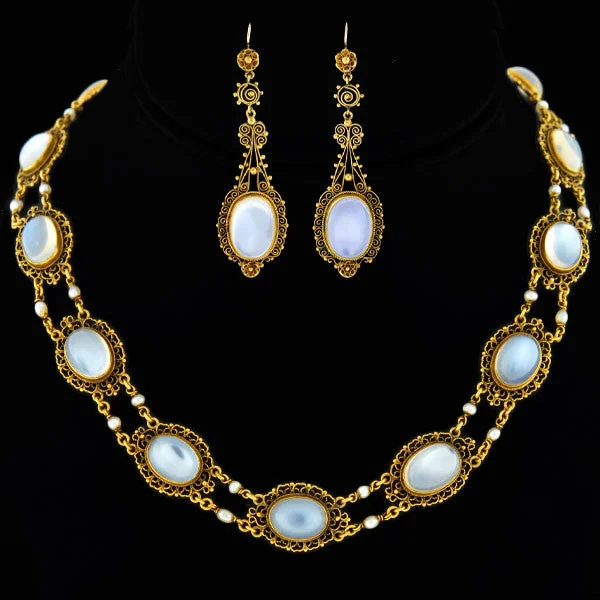 women engagement necklaces -Victorian 14kt Moonstone + Pearl Filigree Earring Necklace Set