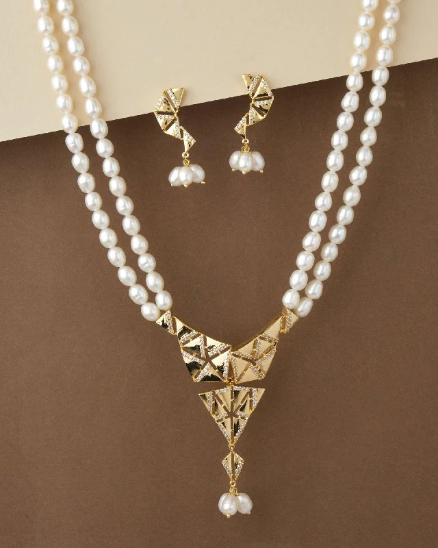 women beautiful necklaces -Trendy Real Pearl Necklace Set S23555