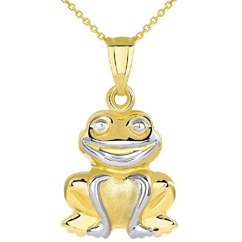 women double-layer necklaces -High Polished 14K Yellow Gold Smiling Frog Charm 3D Animal Pendant with Cable, Curb, or Figaro Chain Necklaces