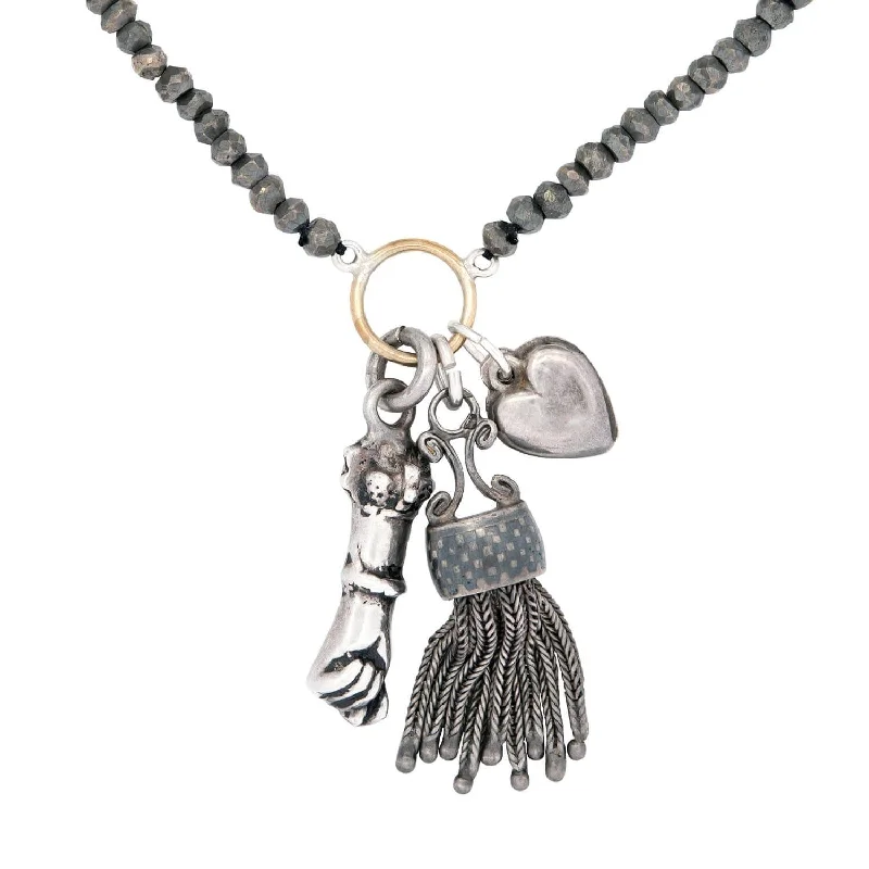 women friendship necklaces -Estate Sterling Silver Pyrite Bead Charm Necklace