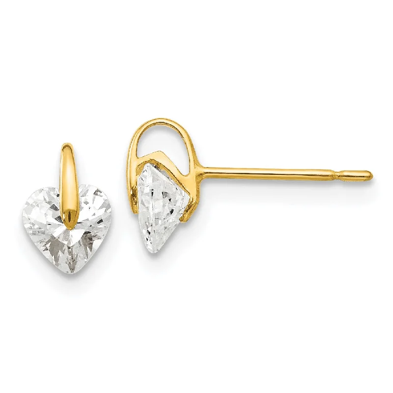 women gold dangle earrings -14KT Yellow Gold Cubic Zirconia 7X5MM Childrens Heart Stud Earrings