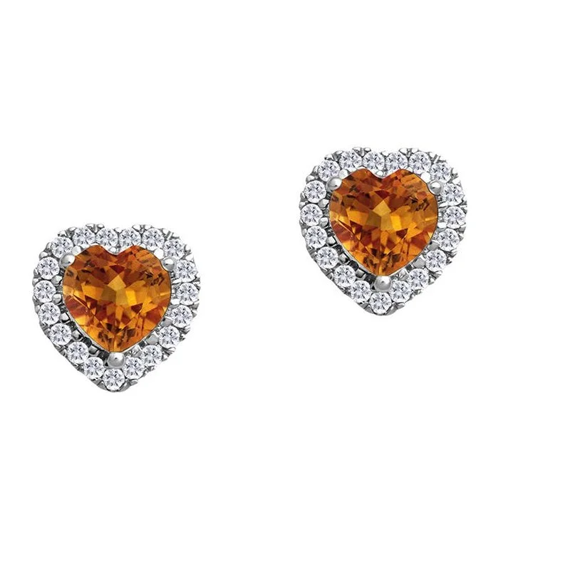 women sterling silver earrings -5MM Heart Shape Citrine and White Sapphire Birthstone Halo Stud Earrings in 10KT White Gold