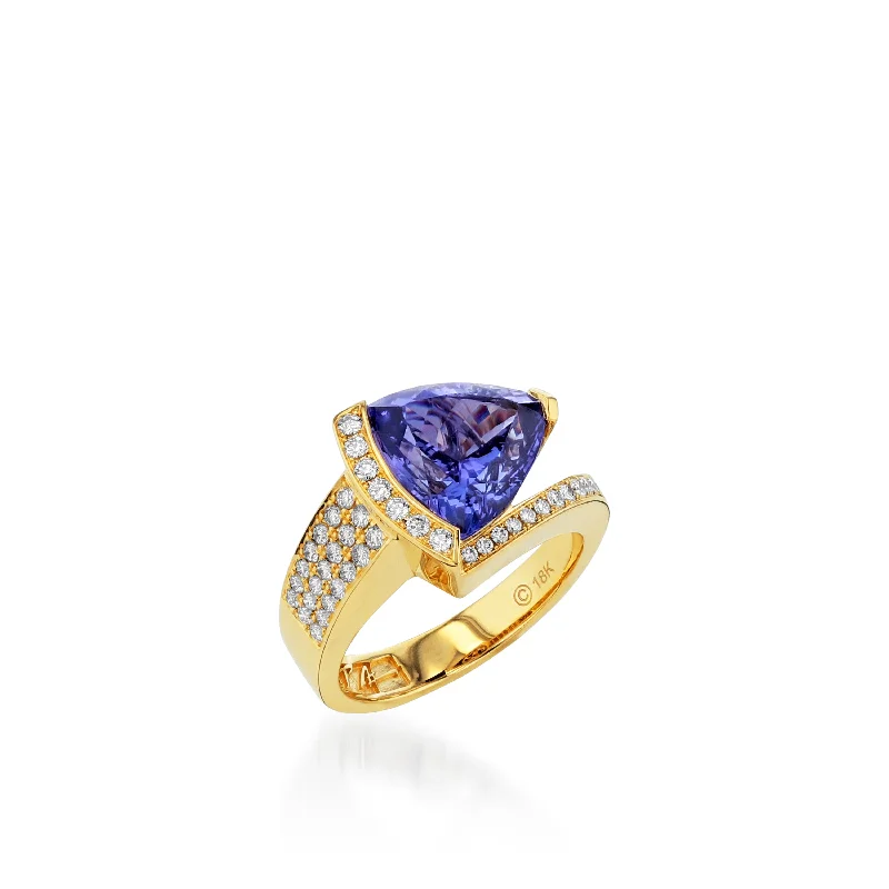 women colored gemstone engagement rings -Signature Trillion Tanzanite and  Diamond Ring