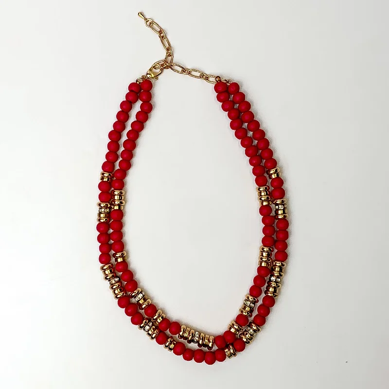 women long necklaces -Tropical Tango Layered Beaded Necklace with Gold Tone Spacers in Punch Red