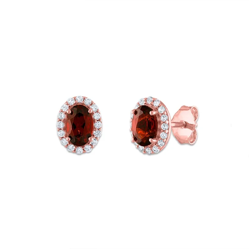 women elegant earrings -6X4MM Oval Garnet and Sapphire Birthstone Halo Stud Earrings in 10KT Rose Gold