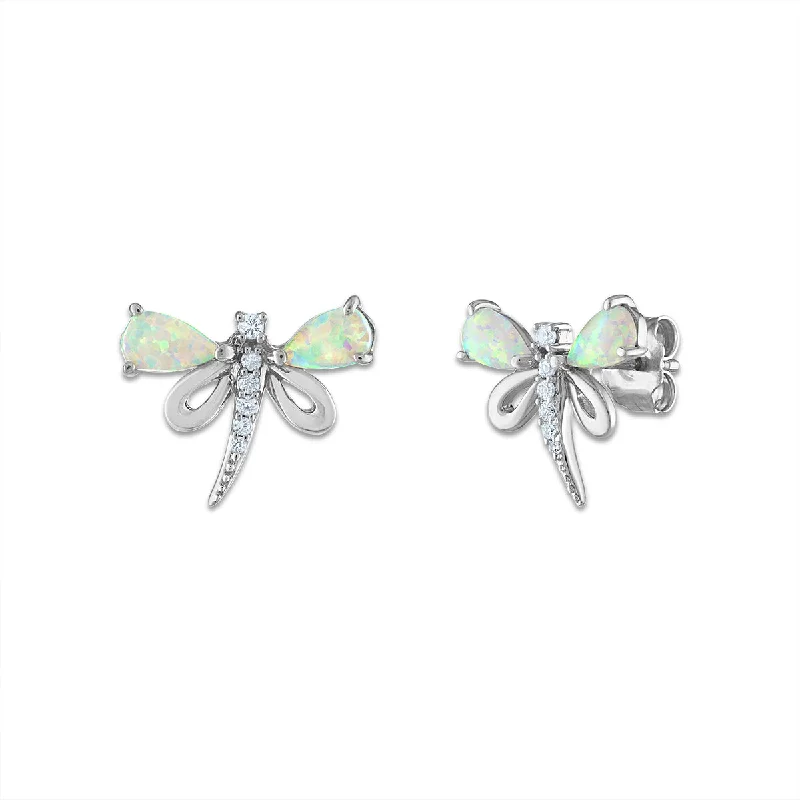 women silver hoop earrings -5X3MM Pear Opal and White Sapphire Stud Dragonfly Earrings in Sterling Silver