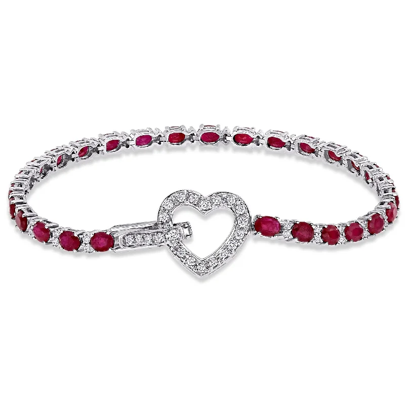 women bangles -Miadora 18k White Gold Oval Ruby and 3/4ct TDW Diamond Heart Enhancer Tennis Bracelet