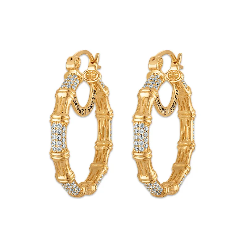 women crystal earrings -Simone I Smith 40MM Crystal Bamboo Hoop in 18K Gold Plated Sterling Silver