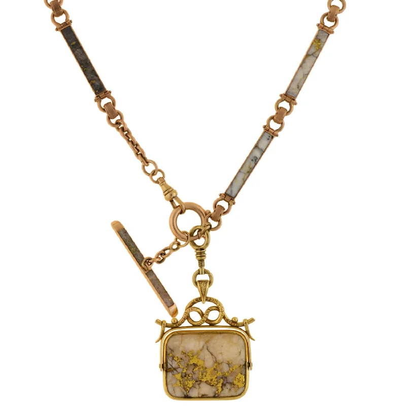 women silver necklaces -Victorian 14kt Inlaid Gold Quartz Watch Chain + Matching Spinner Fob