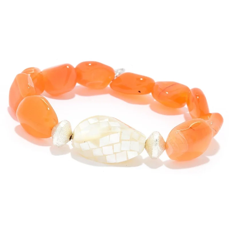 women elegant bracelets -Dallas Prince Orange Botswana Agate & Mother-of-Pearl Stretch Bracelet