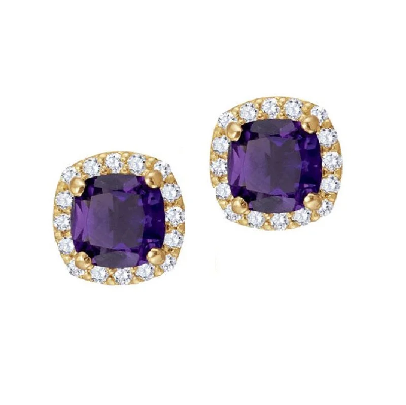 women personalized earrings -5MM Cushion Amethyst and White Sapphire Birthstone Halo Stud Earrings in 10KT Yellow Gold