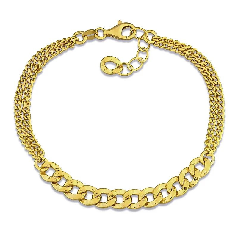 women gold bangles -Miadora Double Row Curb Hammered Link Bracelet Yellow Silver-7.5 in+1 ext