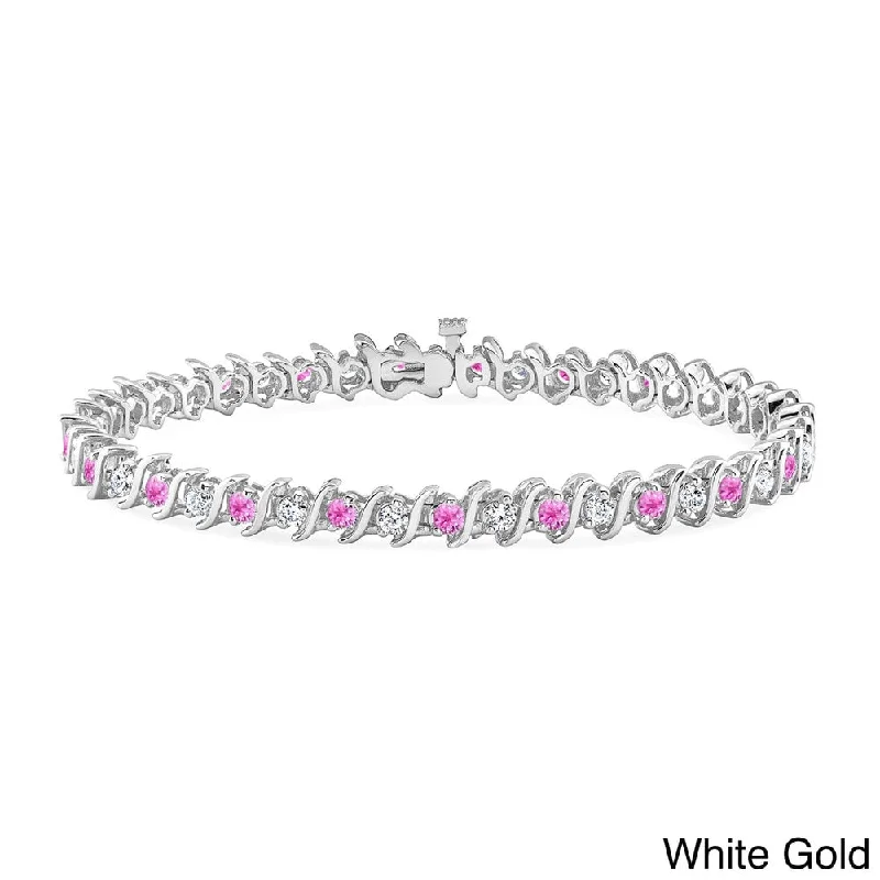 women birthstone bangles -Auriya 5ct Pink Sapphire and 5ctw S-Link Diamond Tennis Bracelet 14k Gold