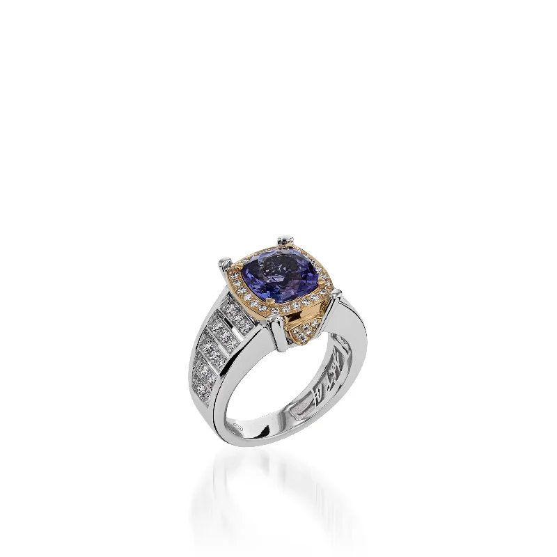 women vintage engagement ring sets -Signature Cushion Cut Tanzanite and Diamond Ring