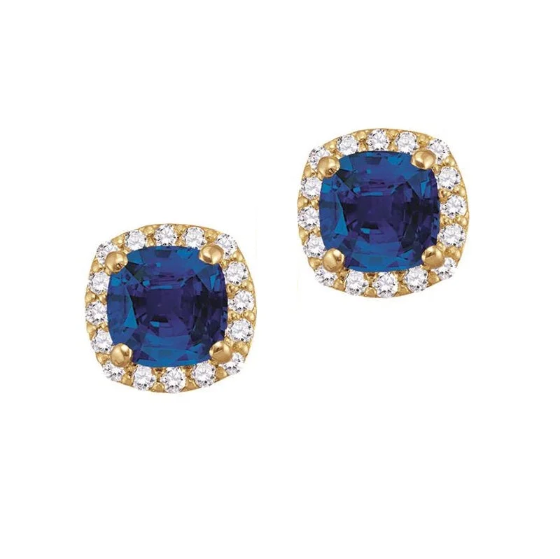 women big earrings -5MM Cushion Blue Sapphire and White Sapphire Birthstone Halo Stud Earrings in 10KT Yellow Gold