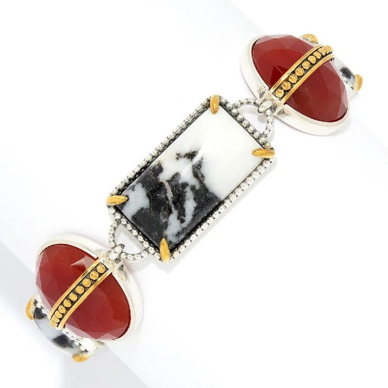 women gold bangles -925 Sterling Silver White Buffalo, Red Agate Adjustable Link Bracelet