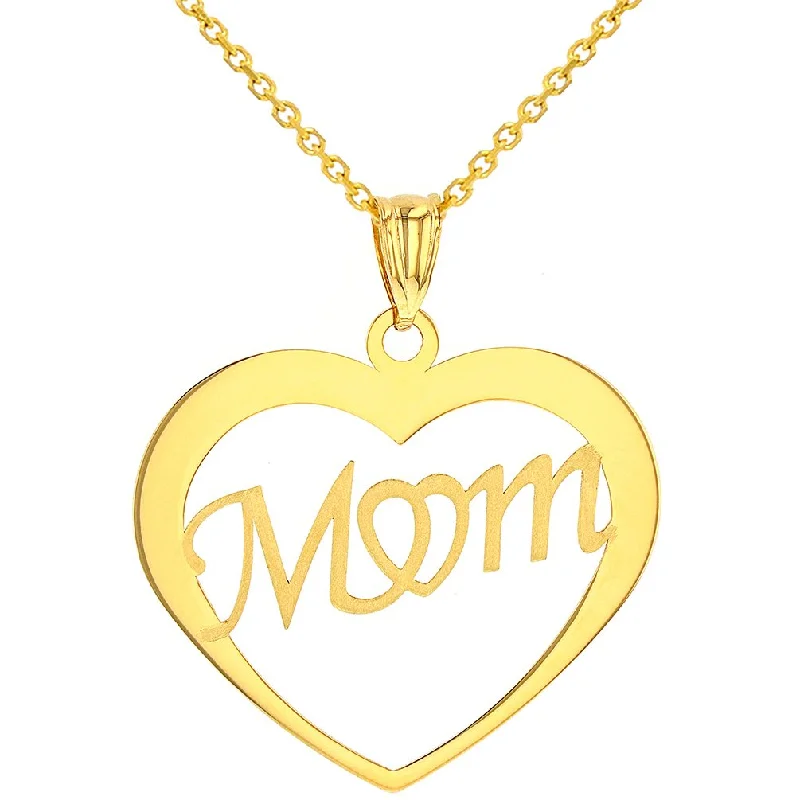 women wedding necklaces -Solid 14K Yellow Gold Open Heart with Mom Pendant with Cable, Cuban, or Figaro Chain Necklaces