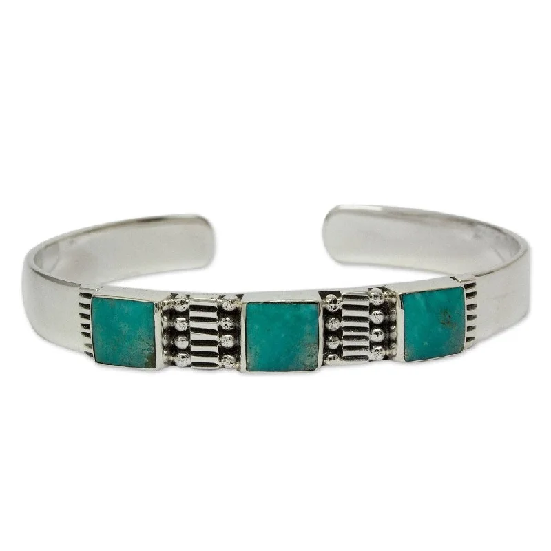 women elegant bangles -Handmade Sterling Silver Aztec Crown Oxidized Finish Turquoise Cuff Bracelet (Mexico)