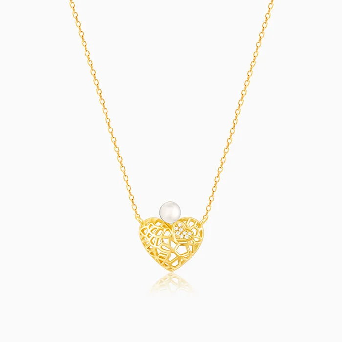 women chic necklaces -Golden Filigree Pearl Heart Necklace