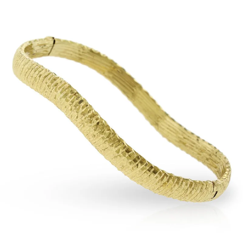 women beaded bangles -Women's 10k Yellow Gold 7-inch Fancy Wavy Diamond Cut Hammered Bangle Bracelet