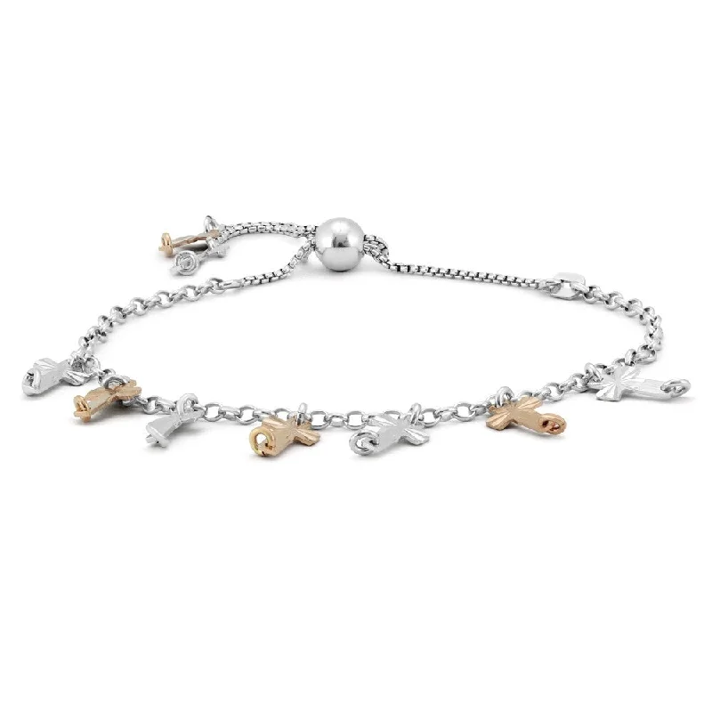 women sleek bracelets -Two Tone Cross Charm Bolo Bracelet in .925 Sterling Silver