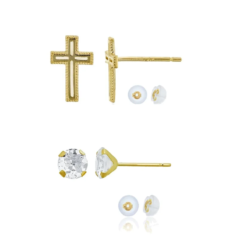 women high-end earrings -14KT Yellow Gold 6MM Round Cubic Zirconia Cross Stud 2-Pair Earrings