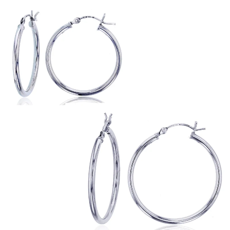 women gemstone stud earrings -Sterling Silver Hoop 20MM & 30MM 2-Pair Earrings