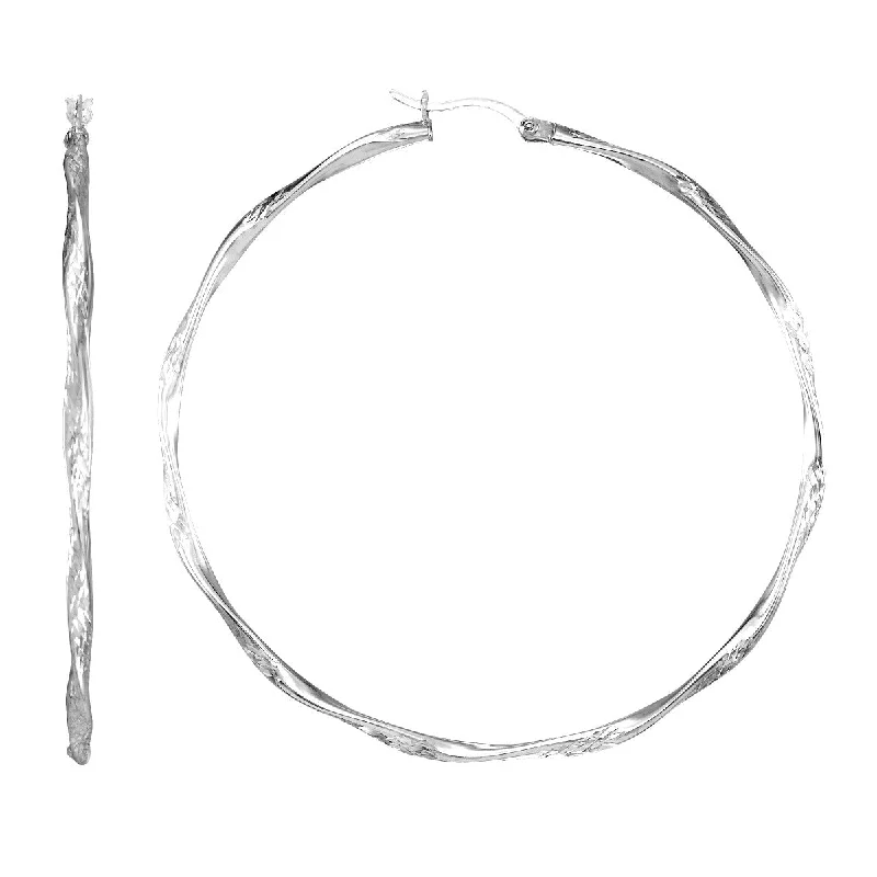 women sterling silver earrings -Simone I Smith Collection Platinum Plated Sterling Silver 60X2MM Diamond-Cut Twist Hoop Earrings