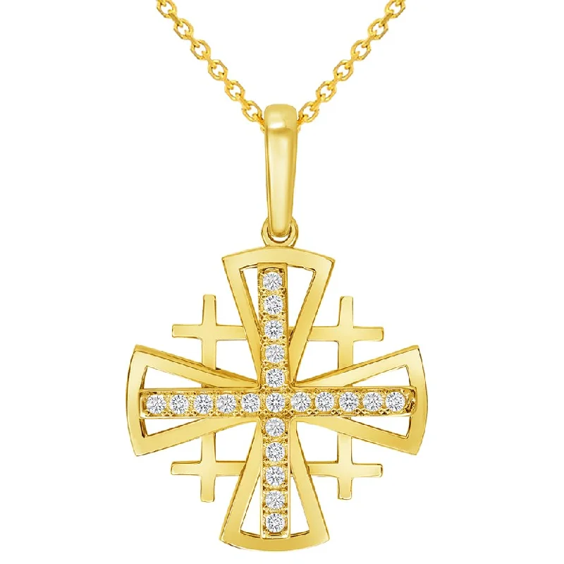 women diamond necklaces -14k Yellow Gold Cubic-Zirconia Christian Crusaders Jerusalem Cross Pendant with Rolo Cable, Cuban Curb, or Figaro Chain Necklace