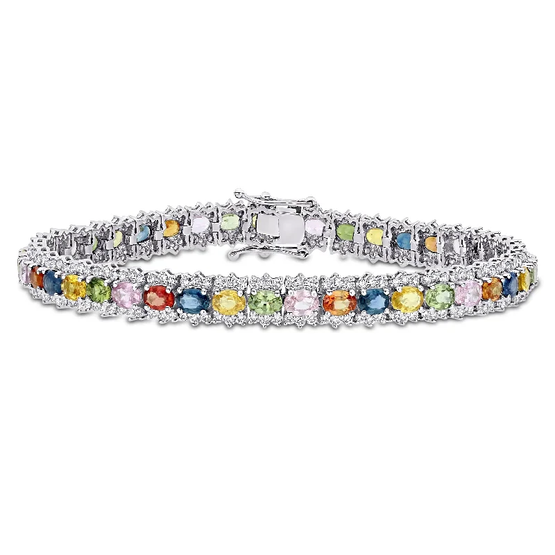 women statement bangles -Miadora 18k White Gold 8 1/5ct TGW Oval Multi-Color Sapphire and 2 1/5ct TDW Diamond Tennis Bracelet