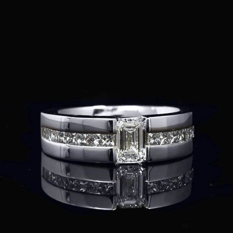 women personalized wedding rings -1.80 Ctw. Men's Emerald Cut Diamond Ring Tension Setting F Color VS1 GIA Certified