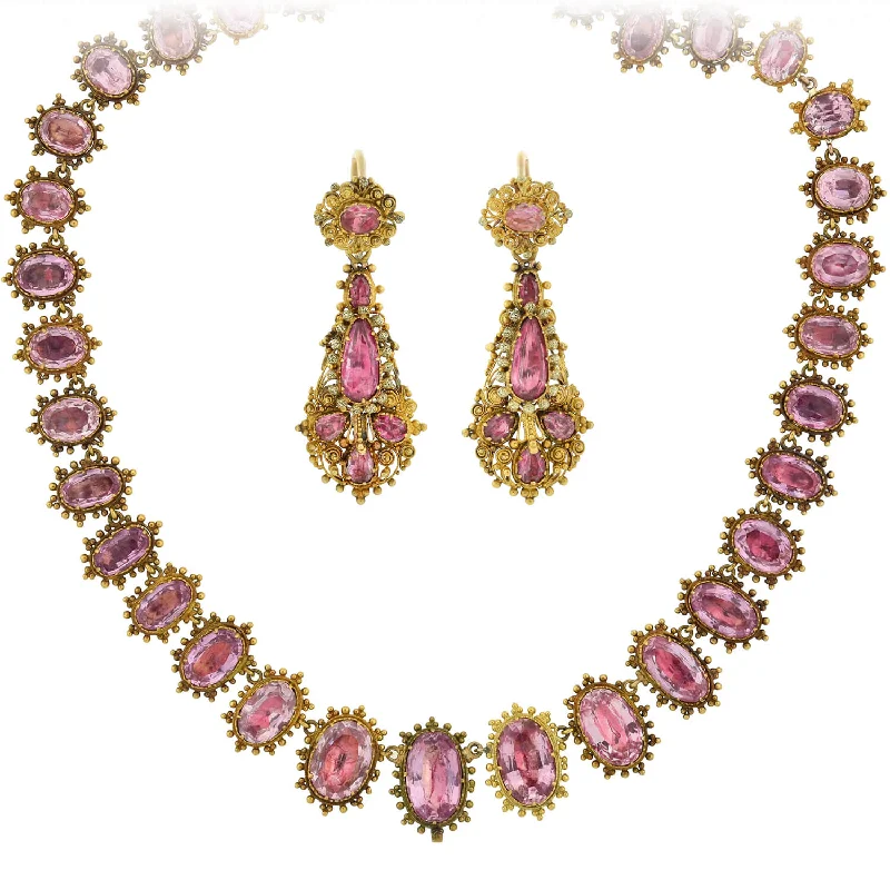 women gold bar necklaces -Georgian Rare 18kt Foil-Back Pink Topaz Necklace + Earring Demi-Parure Set