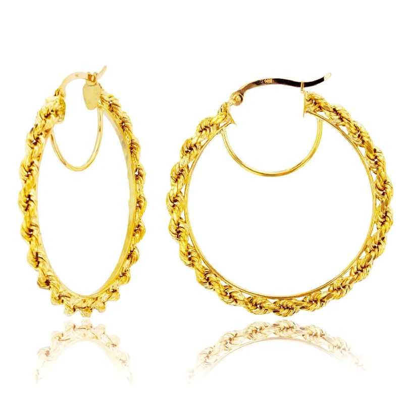 women trendy earrings -10KT Yellow Gold 38X3MM Hoop Rope Design Earrings