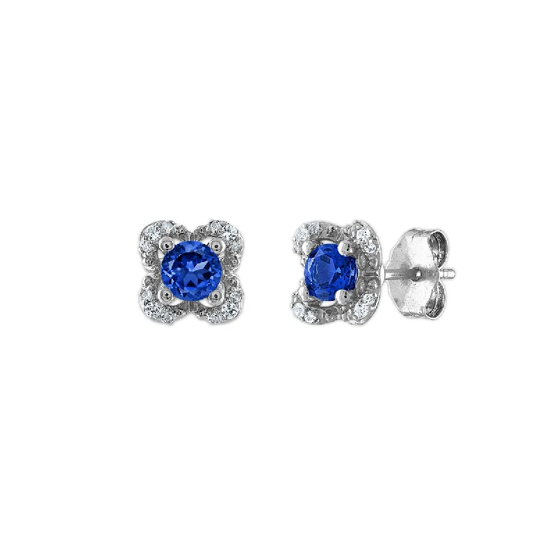 women chic stud earrings -4MM Round Sapphire and White Sapphire Birthstone Flower Halo Earrings in Sterling Silver