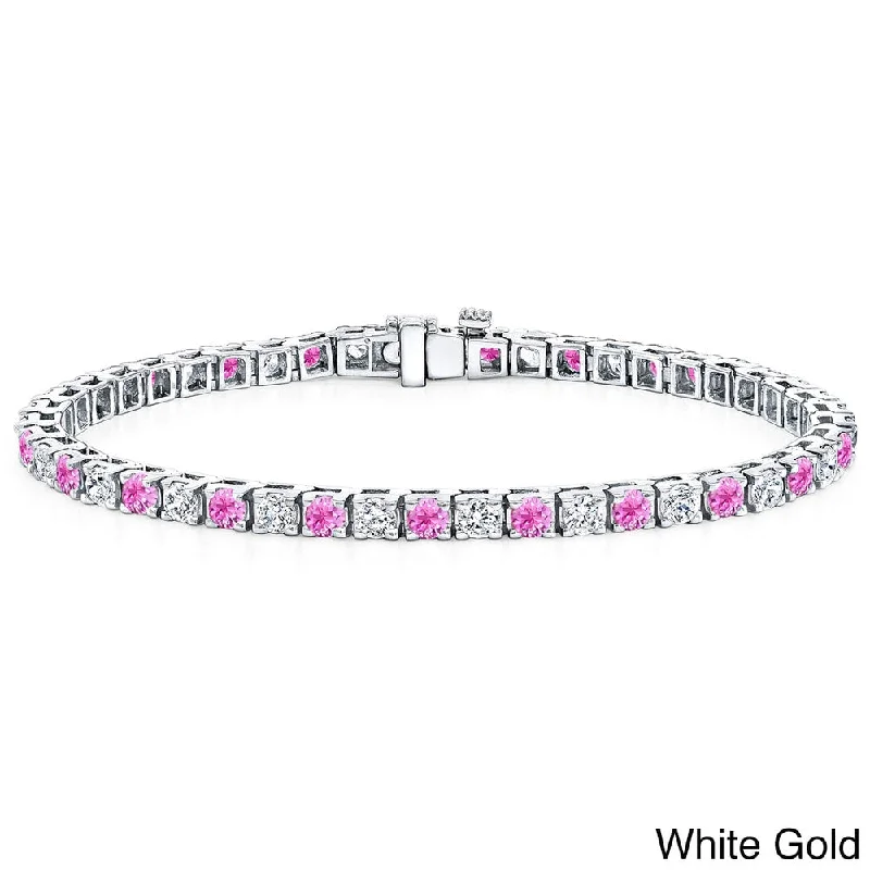 women leather bracelets -Auriya 1 1/2ct Pink Sapphire and 1 1/2ctw Diamond Tennis Bracelet 14k Gold